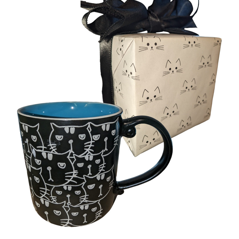 Cat Mug with Black Cat Face Outlines and Blue Interior  - Gift Wrapped!